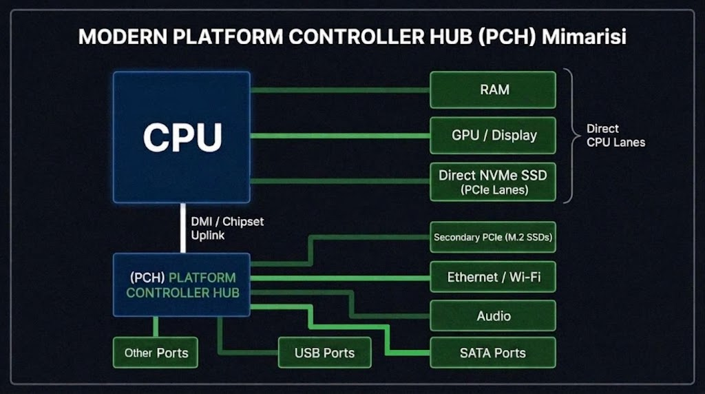 CPU, PCH, RAM ve çevre birimlerinin anakart üzerindeki bağlantıları