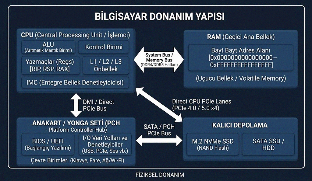 CPU, RAM, depolama ve anakart arasındaki veri yollarını gösteren donanım anatomisi
